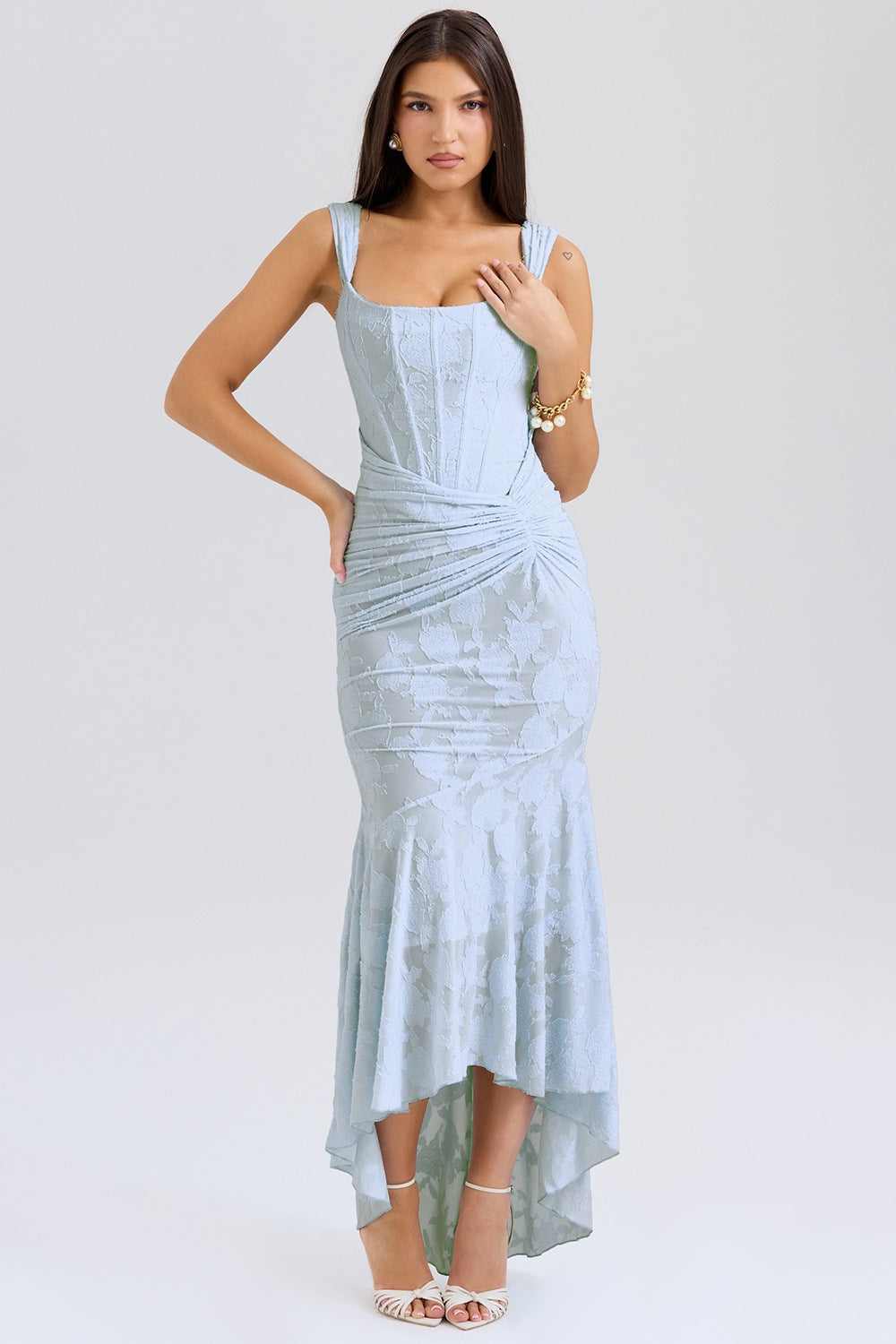 Textured Floral Corset Midi Dress | Low Square Neck Evening Gown