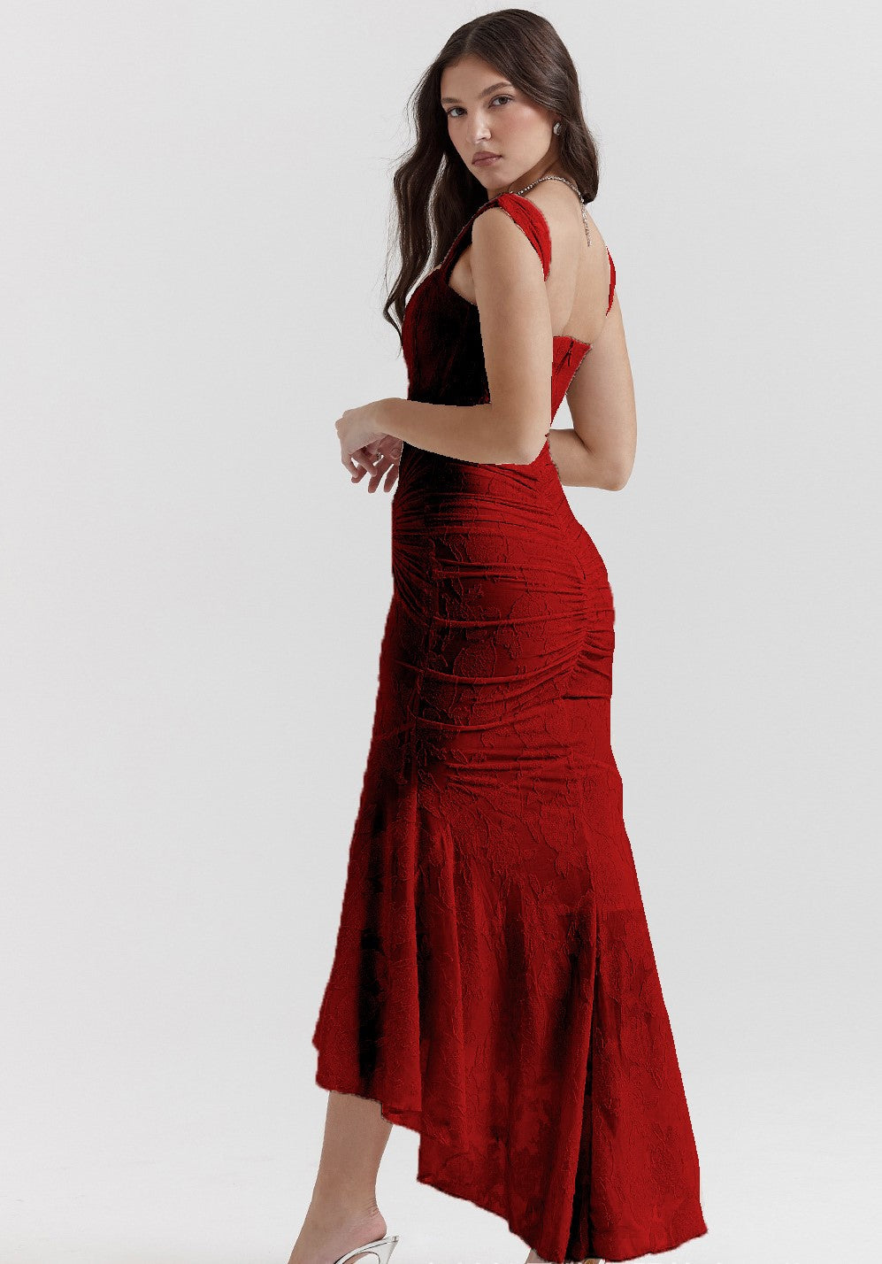 Textured Floral Corset Midi Dress | Low Square Neck Evening Gown