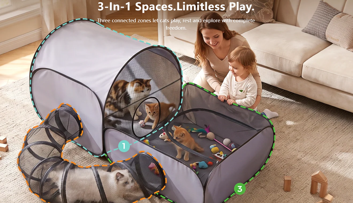 3-in-1 Foldable Pet Playpen with Tunnel