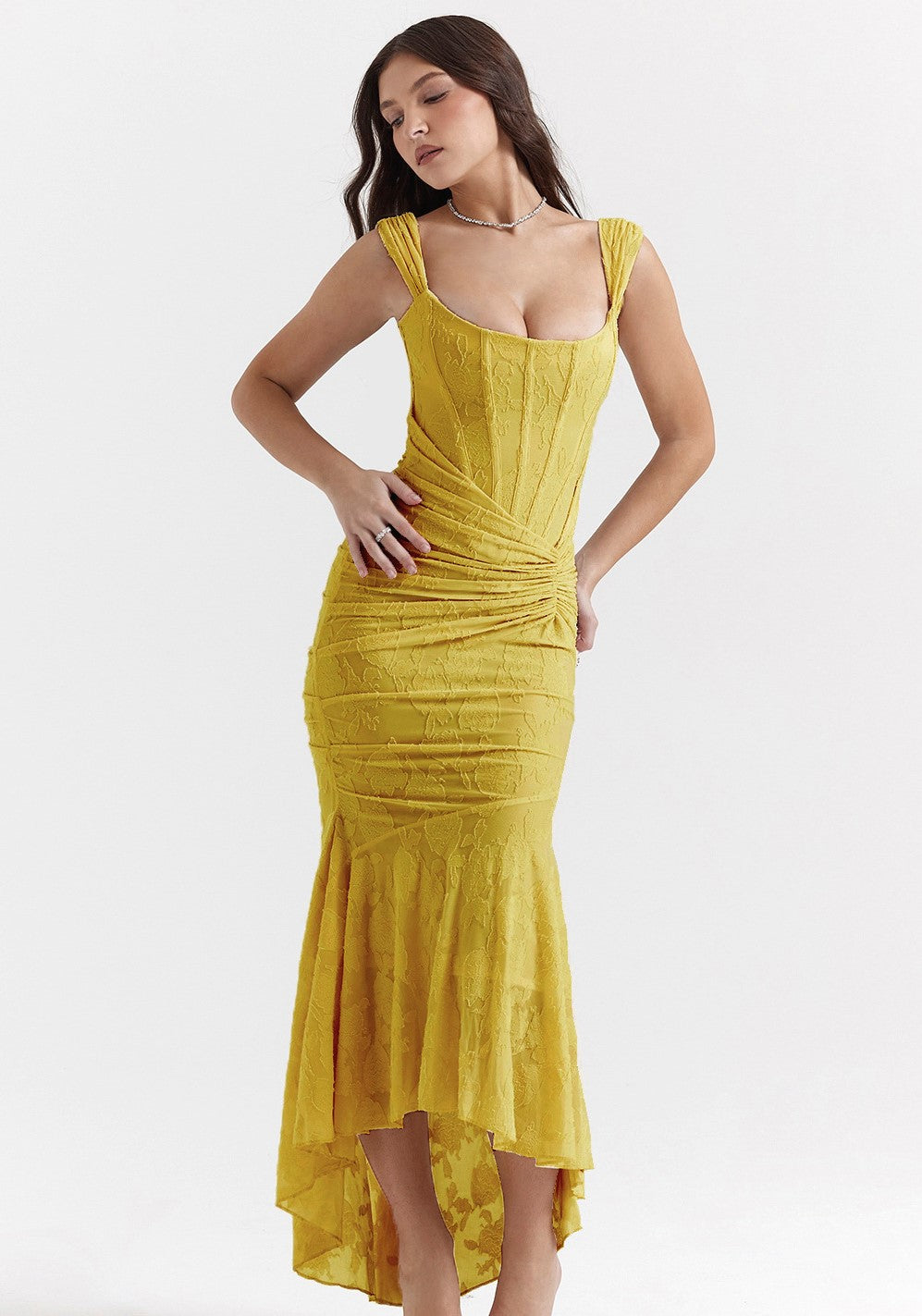 Textured Floral Corset Midi Dress | Low Square Neck Evening Gown
