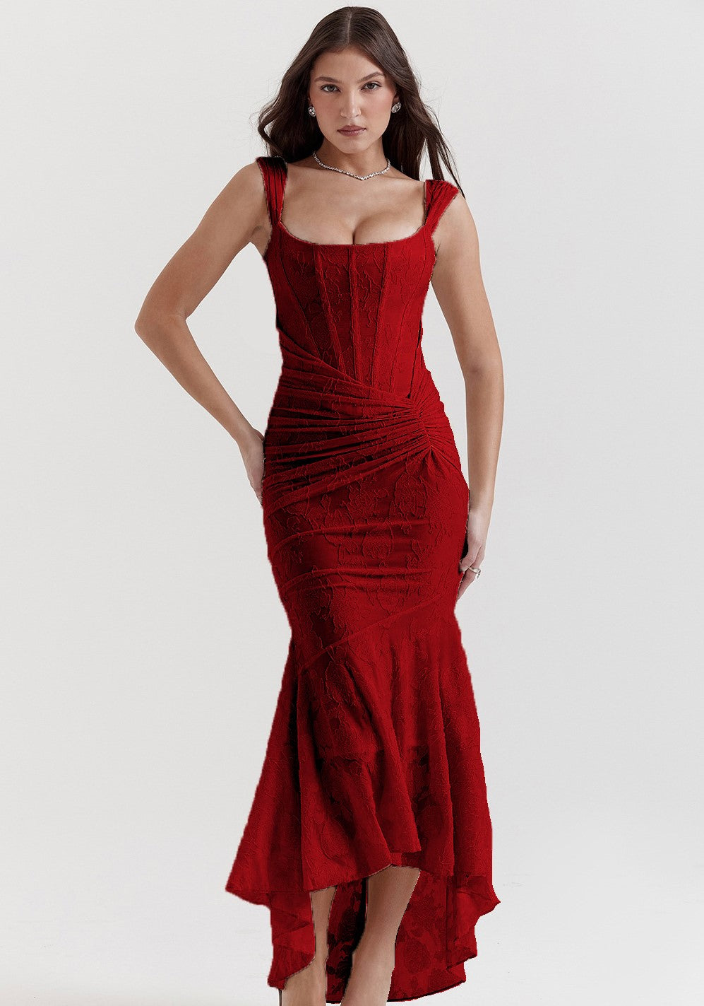Textured Floral Corset Midi Dress | Low Square Neck Evening Gown